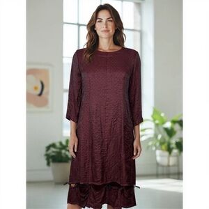 AMY RIGG LAGENLOOK PUCKERED TEXTURED 3/4 SLEEVE TIE BOTTOM MIDI DRESS